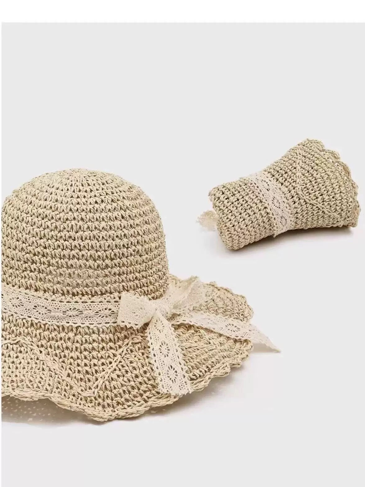 Lace Bow Straw Hat for Women Summer Wide Brim Beach Sun Hat Adjustable Cute Ribbon Floppy Cap